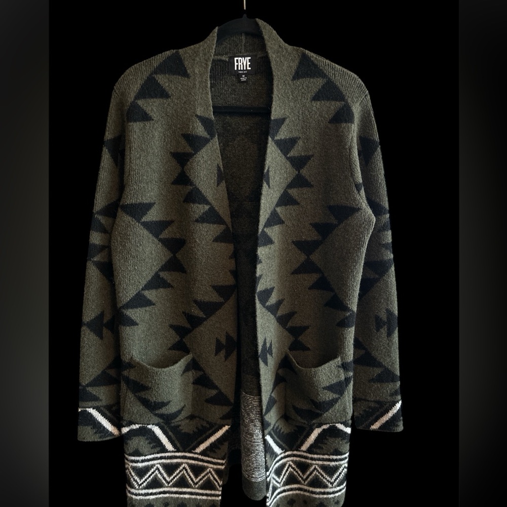 Frye Women's The Cozy Geometric Olive and Black Cardigan